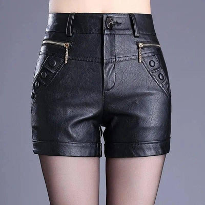 Retro high waist slim slim straight casual pu leather shorts-5