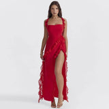 Ruffle Thigh High Split Dress Women Spaghetti Strap-Red-9