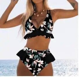 Ruffled bikini high waist printed swimsuit-Black-4