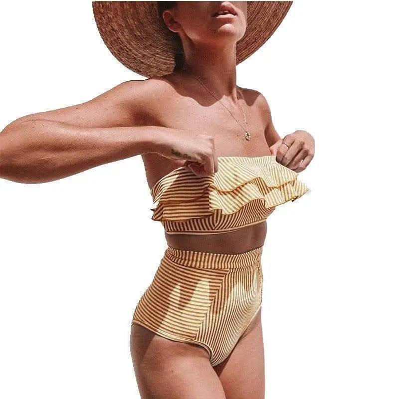 Ruffled Bikini Sexy Tube Top High Waist Striped Swimsuit-Orange-2