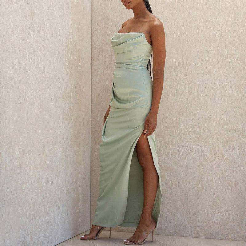 Satin Tube Top Split Knee-length Dress-3