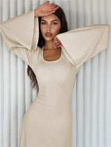 Elegant Maxi Dresses | Ribbed Long Sleeve-Beige-10