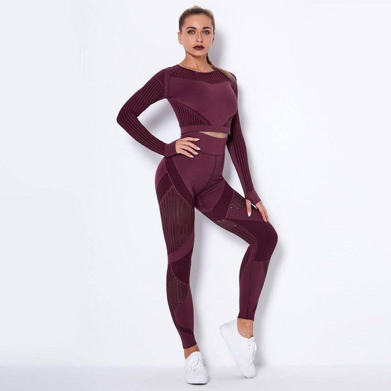 Seamless Knitted Absorbent Yoga Long-Sleeved Suit Yoga Wearsuit-Wine Red-8