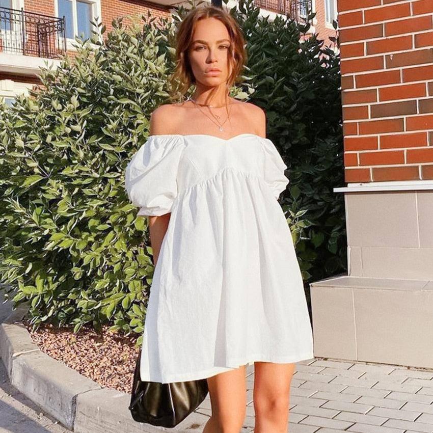 Sexy Off Shoulder White Women Dress Cotton Big Puff Sleeve-1