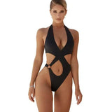 Sexy One-Piece Swimsuit Women's Solid Color Cross Hollow-Black-2