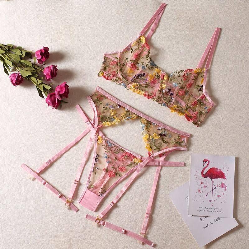 See-Through Yellow Garden Floral Bra Garter Belt Thong-Pink-9