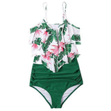 Sexy Split Floral Ruffled Swimsuit Women Bikini-LightGreen-10