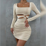 Sexy Square Neck Long Sleeve Dress-1