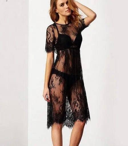 Sexy Women Lace Crochet Bikini Swimwear Cover Up Beach Dress-Black-2