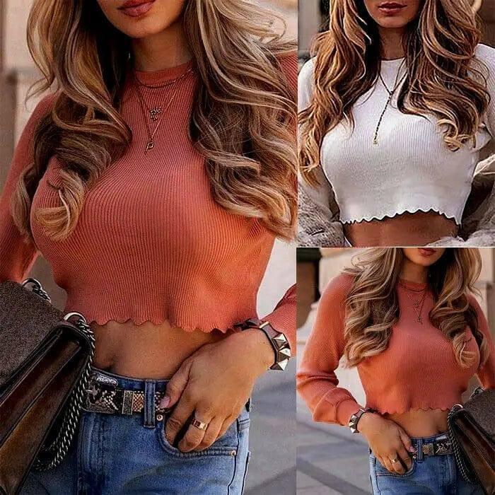 Women Plain Basic Stretch T- Shirts Crop Top Sweater-4