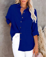 Simple Long Sleeve V Neck Button Ladies Cotton Linen Shirt-Royalblue-2