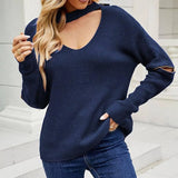 Sleeve Zipper Solid Color And V-neck Halter Sweater For-4