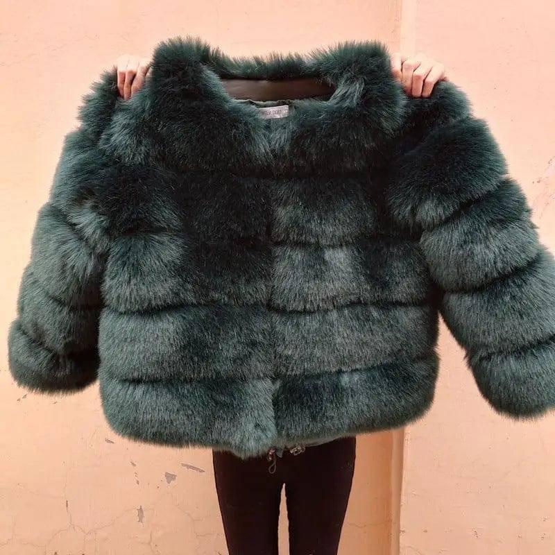 Slim short faux fox fur coat-Darkgreen-5