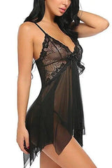 Sling Lingerie Lace Side Deep V Pajamas-Black-2