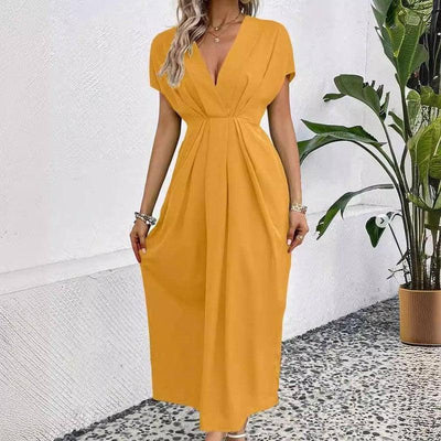 Solid Color Deep V Shoulder Sleeve Folding Elastic Waist-4