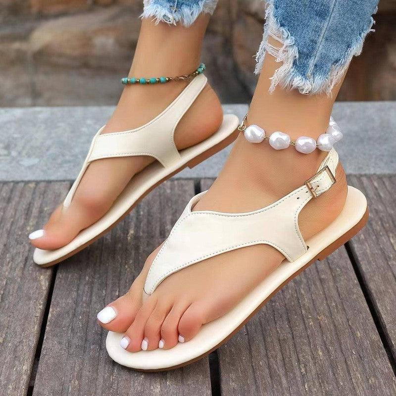 Solid Color Flip-Flops Sandals For Women New Buckle Flat-1