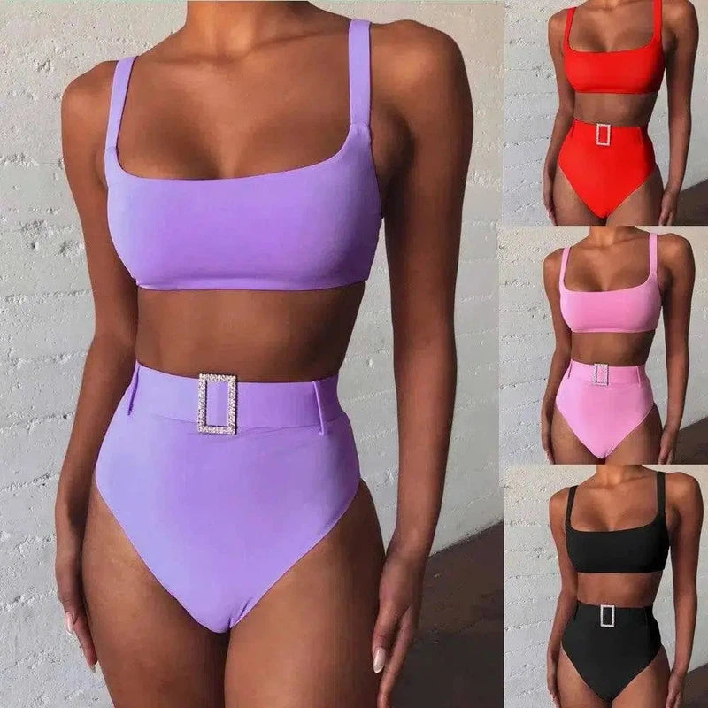 Solid color high waist imitation diamond bikini-1