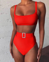 Solid color high waist sexy imitation diamond bikini-Red-2