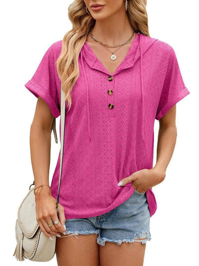 New Solid Color Hooded Button T-shirt Loose Hollow Design Short-sleeved Top For Womens Clothing-Barbie Pink-12