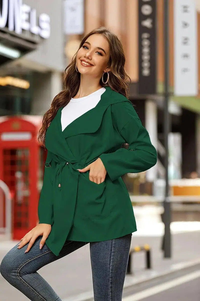 Solid color mid-length hooded trench coat-Darkgreen-4