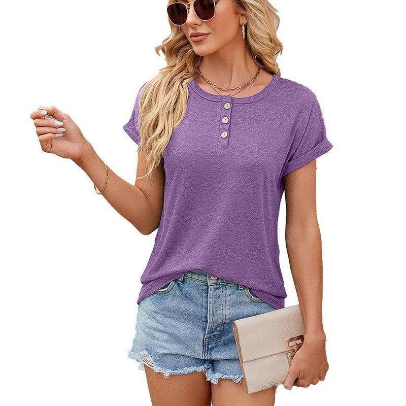 Solid Color Round Neck Button Short Sleeve T-Shirt New Summer Loose Top For Womens Clothing-Purple-3