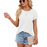 Solid Color Round Neck Button Short Sleeve T-Shirt Summer-White-5