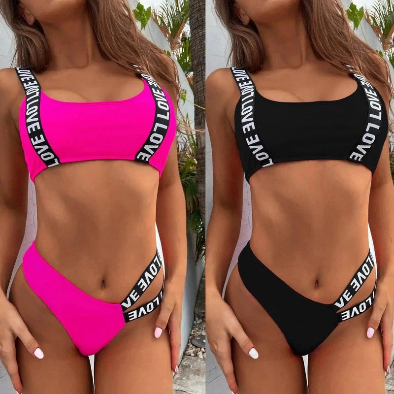 Solid Color Strap Split Swimsuit Bikini-1