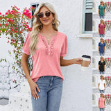 Solid Color V Neck Button Top Women's Fashion Short Sleeve-1