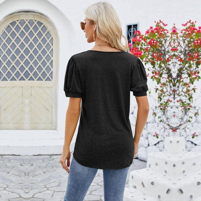 New Solid Color V Neck Button Top Women's Fashion Short Sleeve T-Shirt Summer Womens Clothing-3