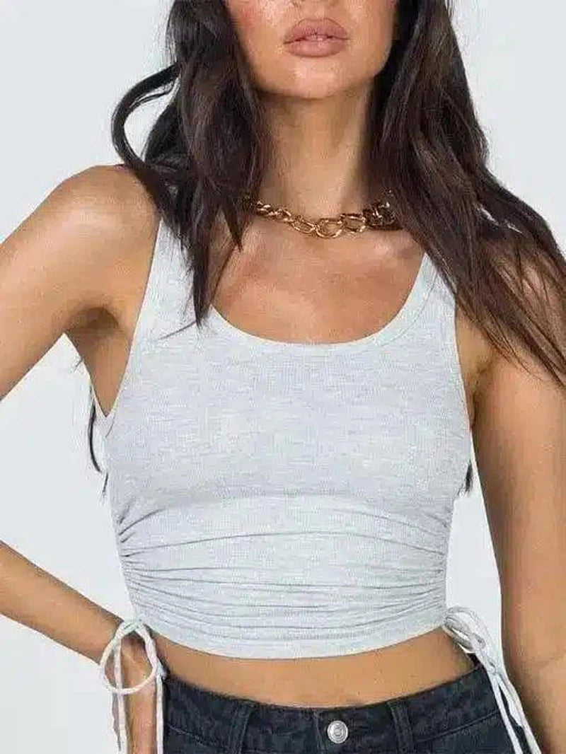 Women's Drawstring Crop Top Tank-Grey-4