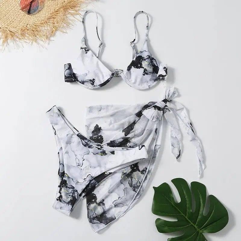 Split Printed Three-piece Swimsuit One-piece Bikini-Black-2