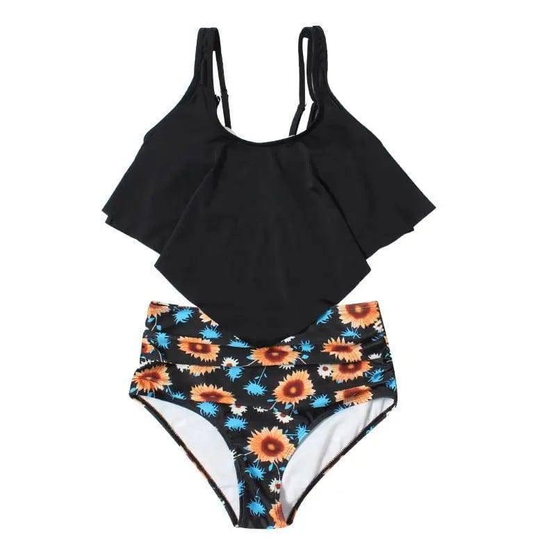 Split Swimsuit Women Printed High-Waist Bikini Ruffled-Black-3