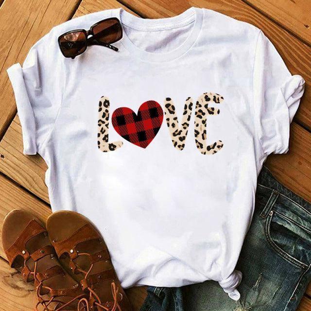 Spring Women's Cartoon Leopard Print Heart Printing T-shirt-A01984-2