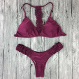 Straps Hand-Knitted Rope Solid Color Sexy Bikini Suit Split-Redwine-1