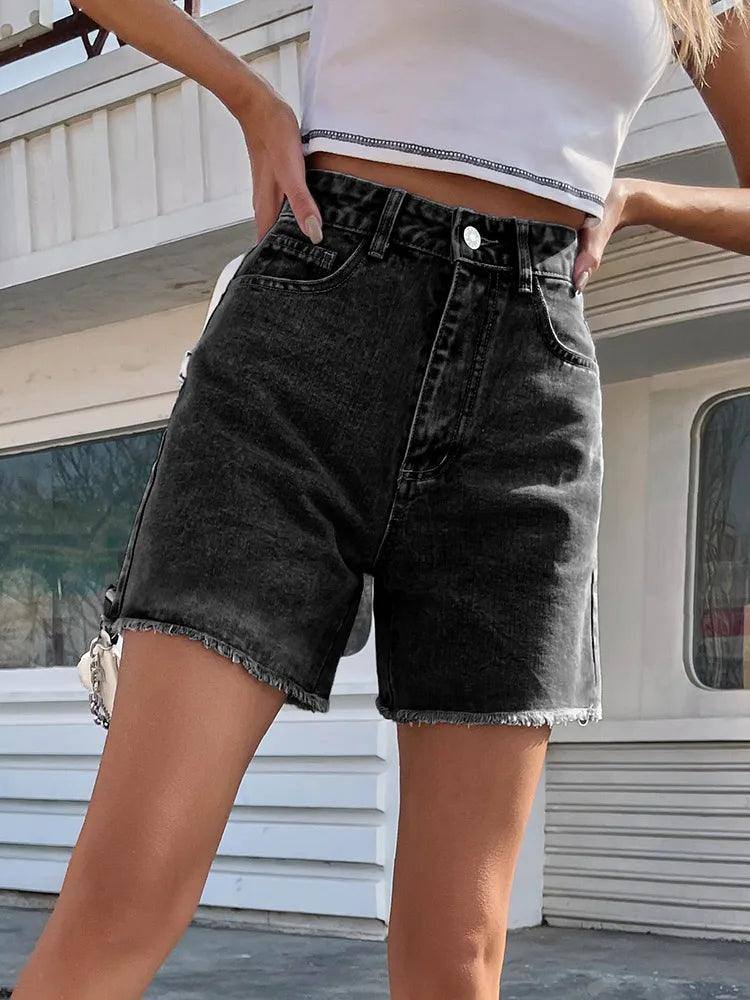 Streamgirl Blue Women's Denim Shorts Summer High Waist-Black-5