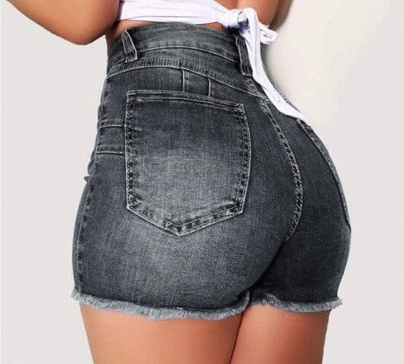 Stretch Slim Fit Ripped Tassel Denim Shorts For Women-Gray-3