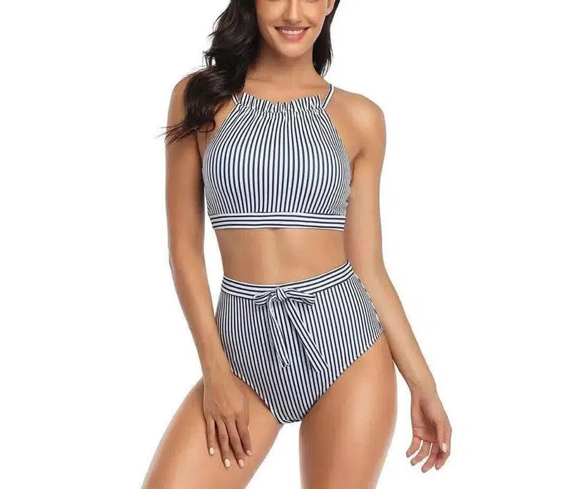 Striped two-piece swimsuit-Blue-4