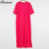 Oversized Long Summer Plus Size Women Slit Dresses 6xl 7xl 8xl 9xl 10xl Cotton Loose Casual Maxi Harajuku Za Boho Dress Black-5