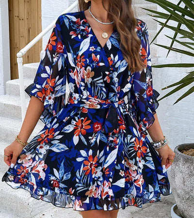 Summer Floral Print Short Sleeves Dress Lace Up Ruffles Design Fashion V-neck Short Dresses Womens Clothing-2