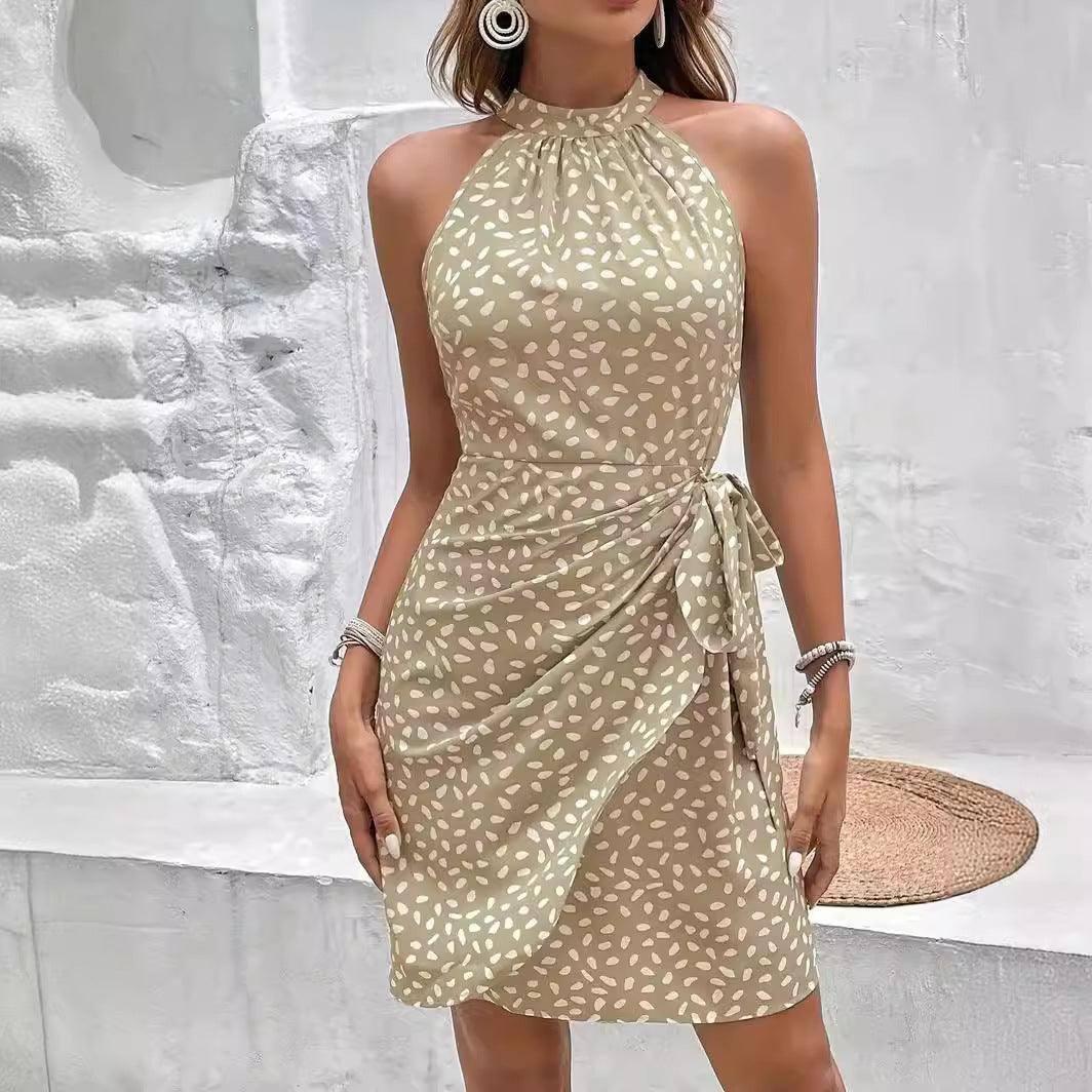 Summer Halterneck Printed Dress With Tied-waist Design-Khaki-4