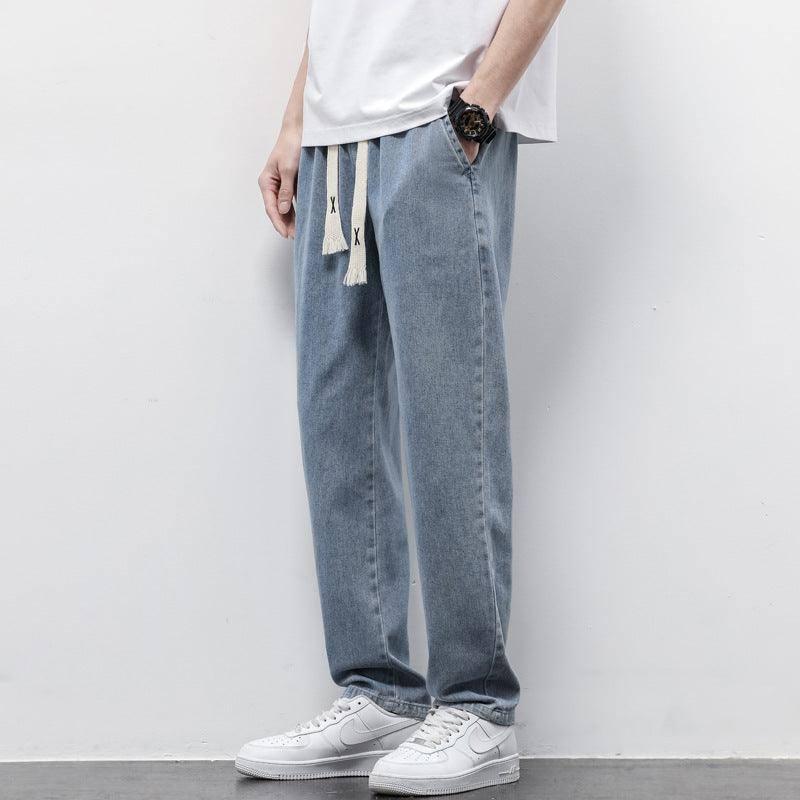 Summer Loose Wide Leg Jeans Pants Men Fashion Drawstring Resistance To 030 Gray / 5XL-Resistance To 040 Light Blue-8