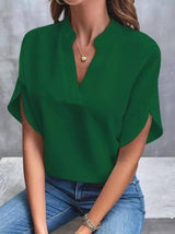 Summer New V-neck Shirt Women's Pure Color Casual Versatile-Green-9