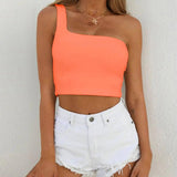 Summer Sexy One-shoulder Vest Crop Top Sleeveless T-Shirt-orange pink-8