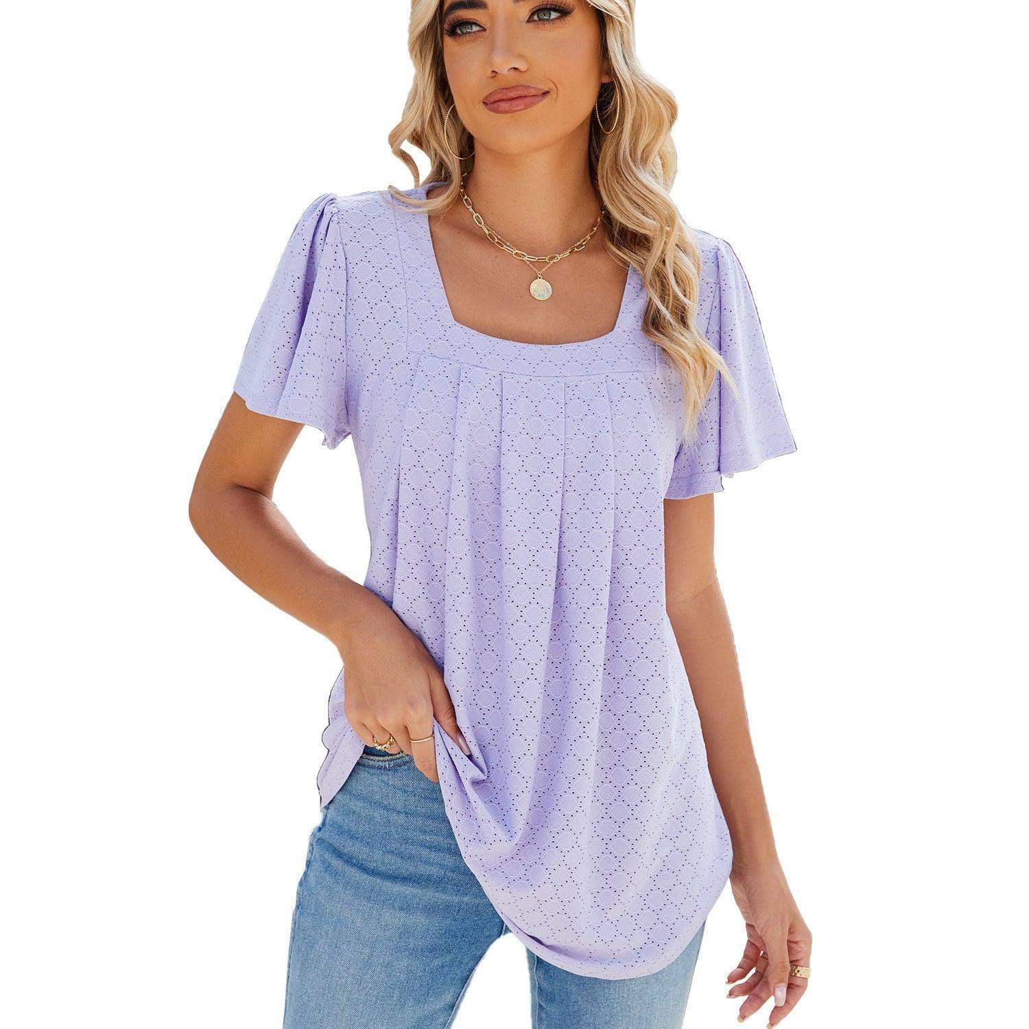 Summer Square Neck Pleated Short-sleeved T-shirt Loose Solid-Purple-10