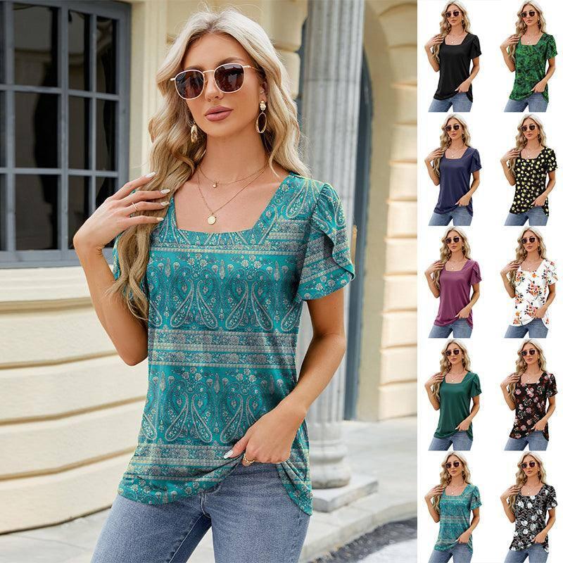 Summer Top Fashion Square Neck Printed Short-sleeved T-shirt With Petal Sleeve Design Bohemian Beach Loose T-shirt For Womens Clothing-1