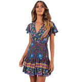 Summer V-neck bohemian print dress skirt women-Blackblue-74