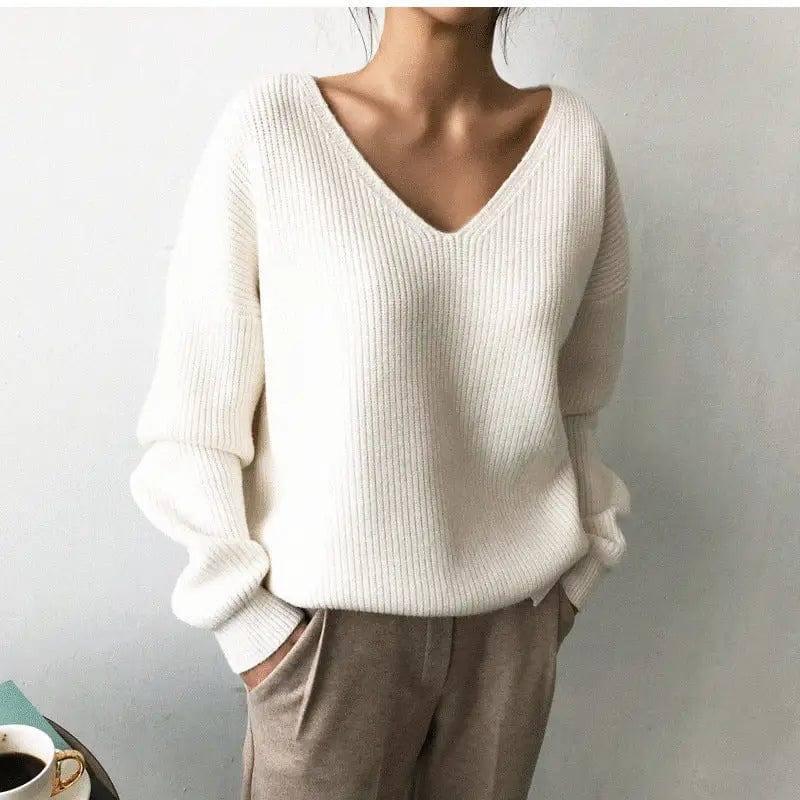 Sweater Black Loose V Neck Sweater Pullover-White-1