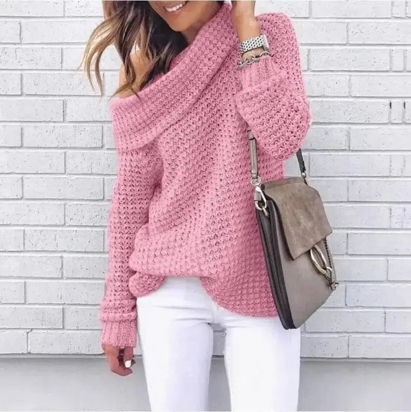 Sweater solid color turtleneck sweater-Pink-5