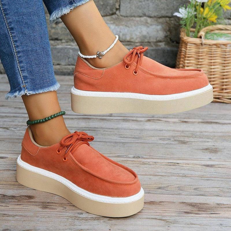 New Thick Bottom Lace-up Flats Women Solid Color Casual Fashion Lightweight Walking Sports Shoes-Orange-6