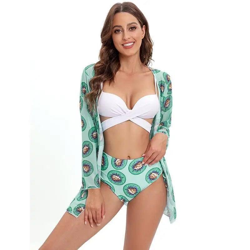 Three Piece Bikini Shawl Split Swimsuit High Waist-Kiwi-4